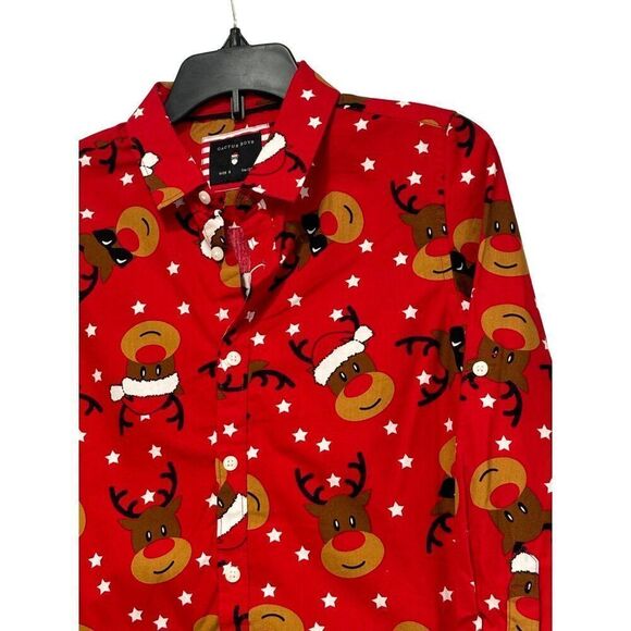 Cactus Boys Kid''s Tabbed Sleeve Button Down Reindeer Christmas Shirt, Red - Picture 3 of 9